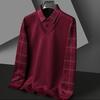 Fall Winter Men Sweater Fake Two-piece Lapel Plaid Slim Fit Thick Plush Warm Knitted Soft Long Sleeve Pullover Formal Business Style Mid-aged Men Top