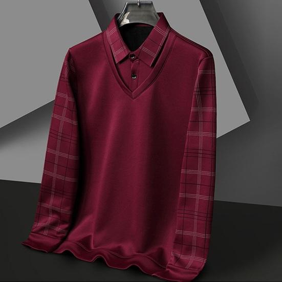 Fall Winter Men Sweater Fake Two-piece Lapel Plaid Slim Fit Thick Plush Warm Knitted Soft Long Sleeve Pullover Formal Business Style Mid-aged Men Top