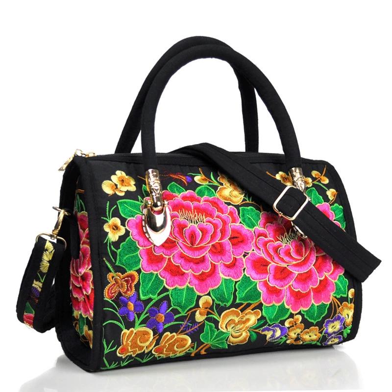 Bohémské ženy Květinová vyšívaná plátěná kabelka Vintage Dámské Ležérní Etické Boho Nákupní taška na zip přes rameno