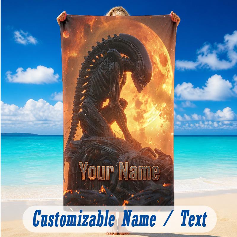 Beach Towel Custom Name Text, Quick Dry Large Towel For Beach HomeAlien Xenomorph