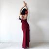 French V-neck Backless Long Skirt, New Celebrity Noble Dress with Split Ends, Slim and Thin Waist, Red Hip Skirt