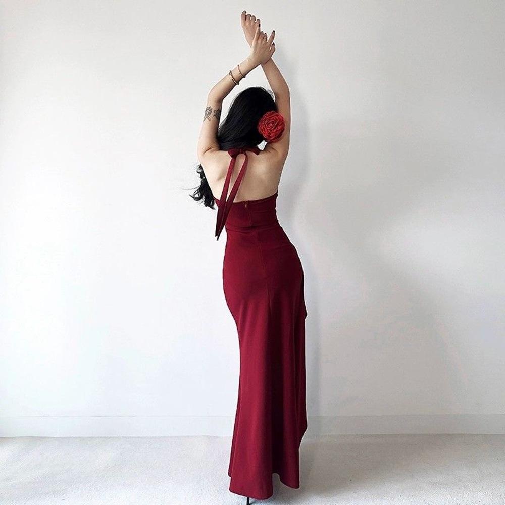 French V-neck Backless Long Skirt, New Celebrity Noble Dress with Split Ends, Slim and Thin Waist, Red Hip Skirt