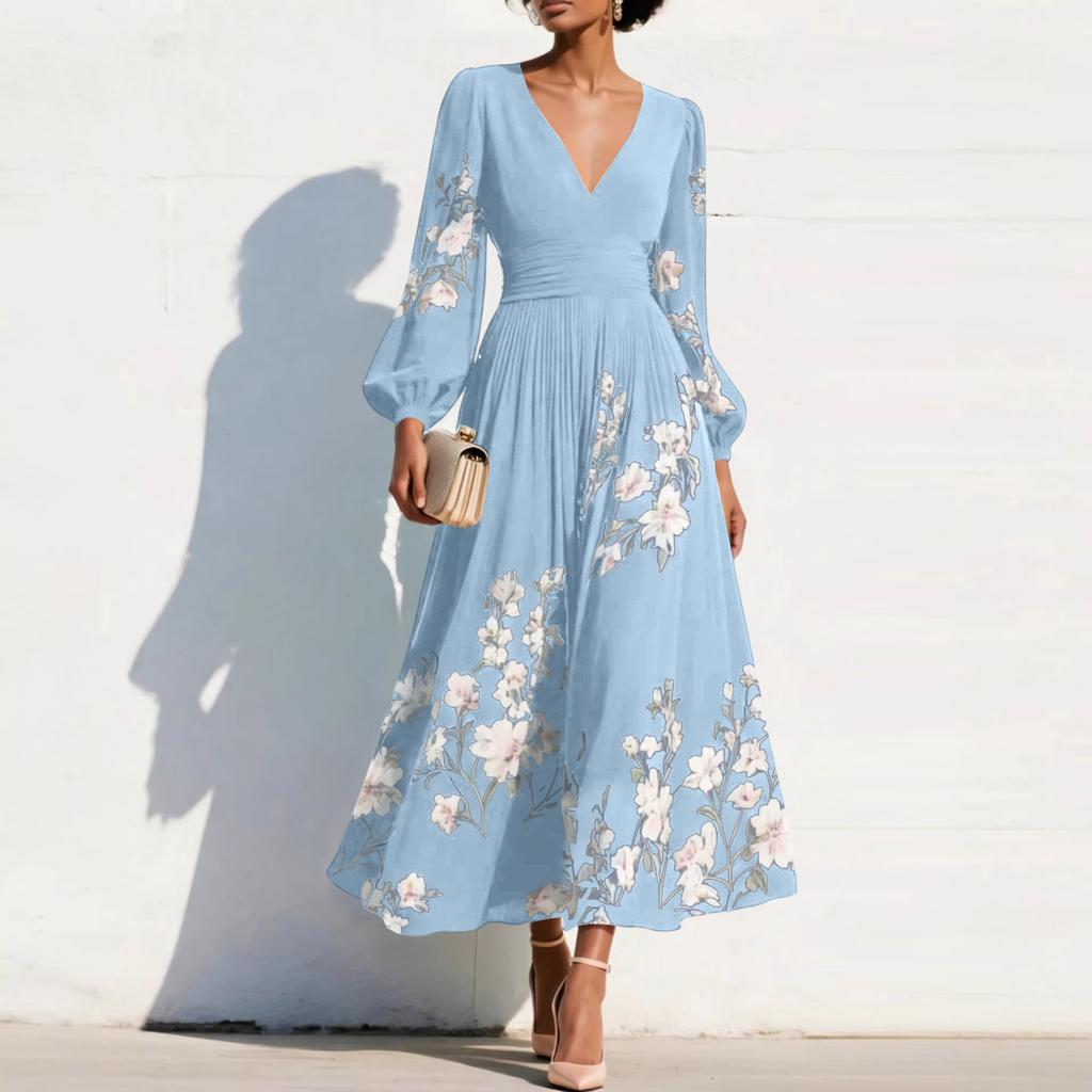 Damen Maxikleid mit langen Ärmeln, V-Ausschnitt, Falten und Blumendruck, Elegante Passform, Ausgestellter Schnitt, Lange Länge, Für Freizeit und formelle Anlässe