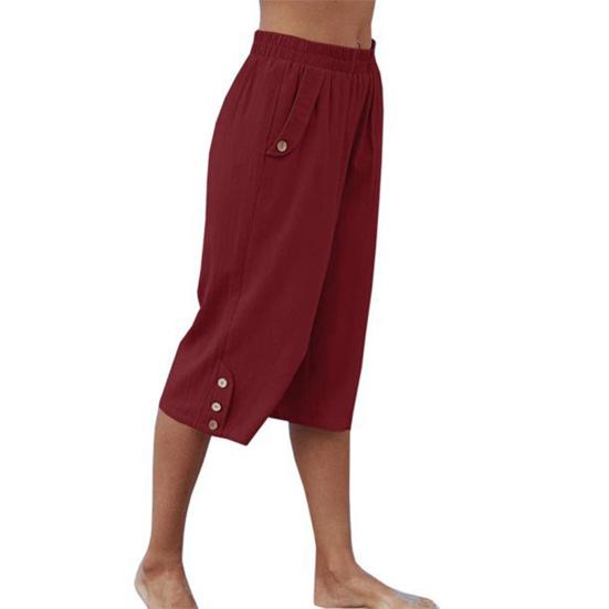 Women Cropped Pants Elastic Waist Pocket Straight Wide Leg Solid Color Daily Wear Thin High Waist Women Trousers Female Clothes