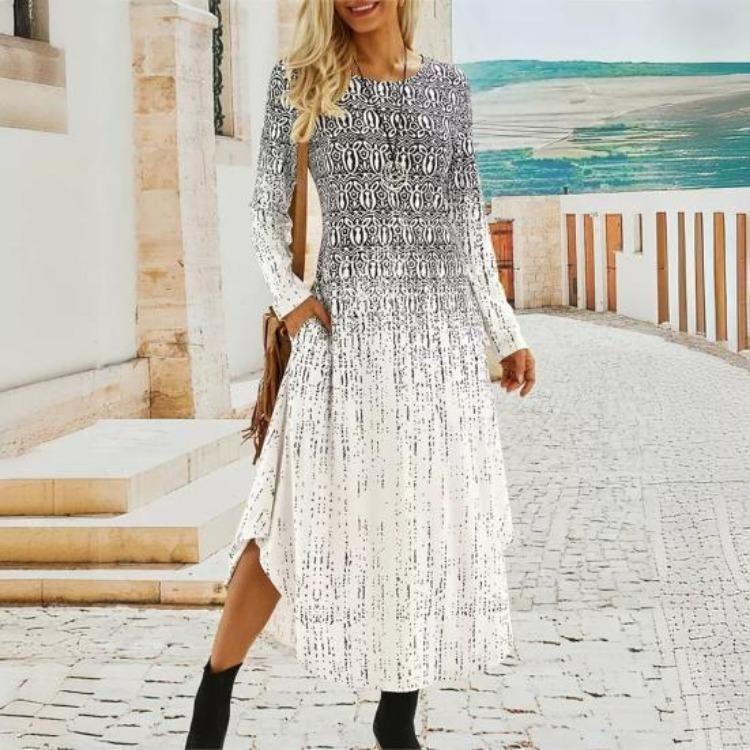 Long Sleeve Maxi Dress with Pockets Women Loose A Line O Neck Printing Dress for Dating Commuting Spring Fall Irregular Hem