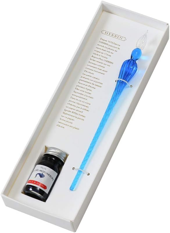 Herbin G.LALO Glass Pen, Handcrafted Tsumugi Blue & Mini Ink Deep Blue (10ml) Set, Founded In 1670 by a Traditional French Brand. Includes a Card and