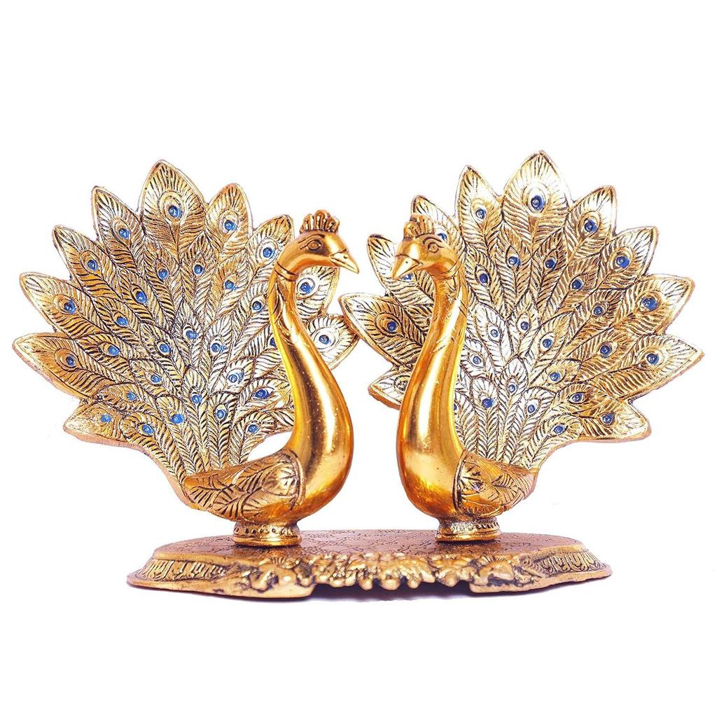 Metal Double Lovers Peacock Statue, Showpiece Figurine- Standard, Gold, 25 Cm, 16 Cm