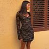 Spring and Summer American Fashion Spice Girl Lace Print U Collar Long Sleeve Wrap Hip Dress