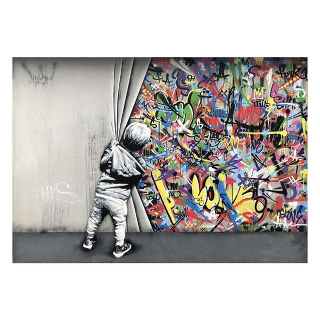 Kinderliebhaber hinter dem Vorhang, Graffiti-Kunst, Gemälde an der Wand, Kunst-Poster und Drucke, moderne Street-Art-Bilder, Heimdekoration