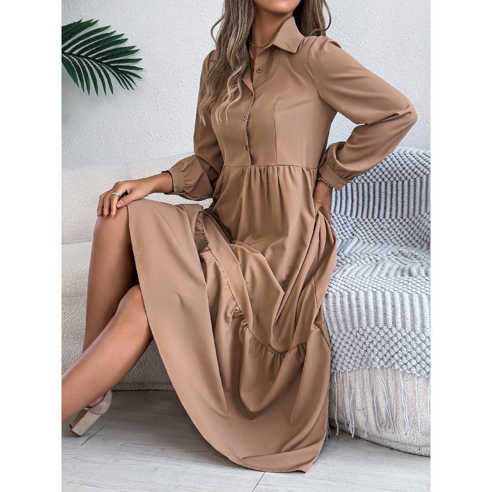 Women's Long Skirt Lapel Casual Loose Long Sleeve Ruffle Shirt Dress Fashion Dresses
