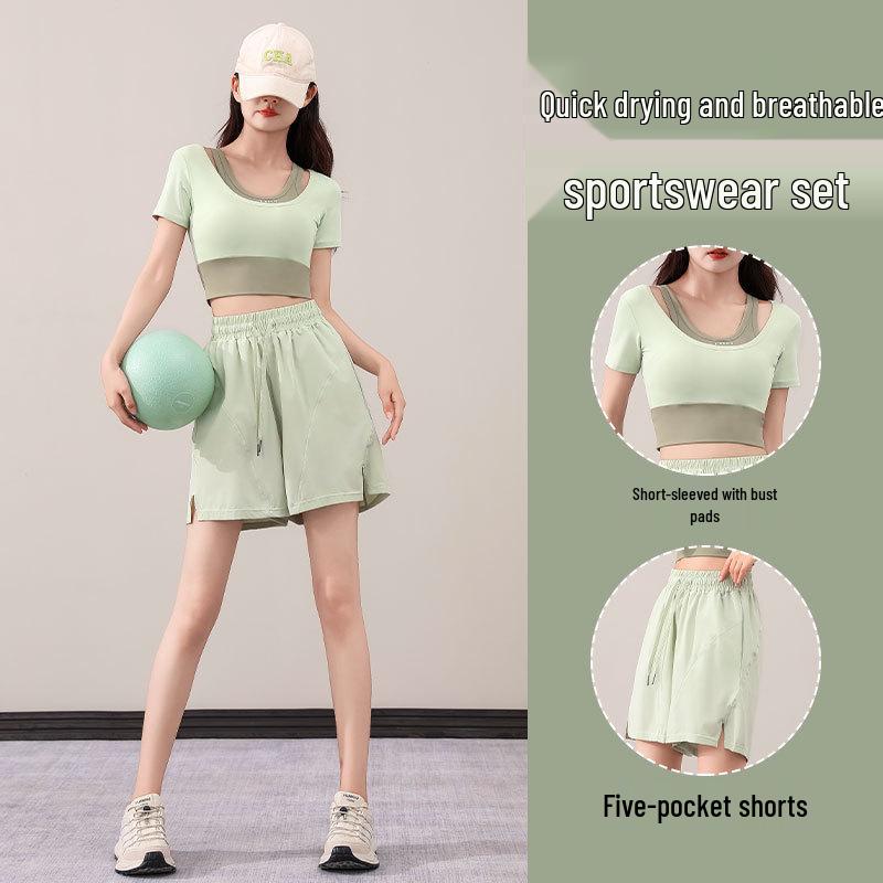 Women's Summer 2025 Fashion Quick-Dry Yoga Set: Loose Five-Point Pants & Short Sleeve Top