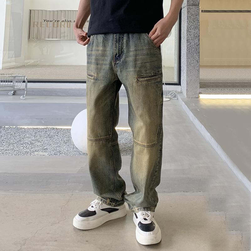 American Retro Jeans High Street New Men's Clothing Washed and Old Floor-mopping Pants Loose Casual Tooling Straight Pants