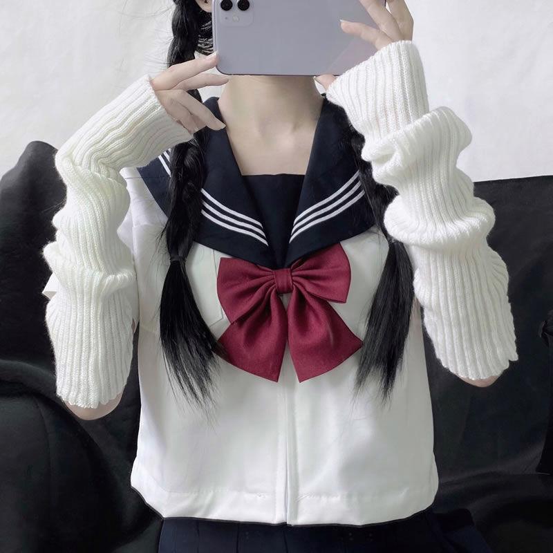 Women Winter Knit Winter 40cm Arm Sleeves Japanese White Black Goth Kawaii Fingerless Gloves Leg Warmers Harajuku Stockings