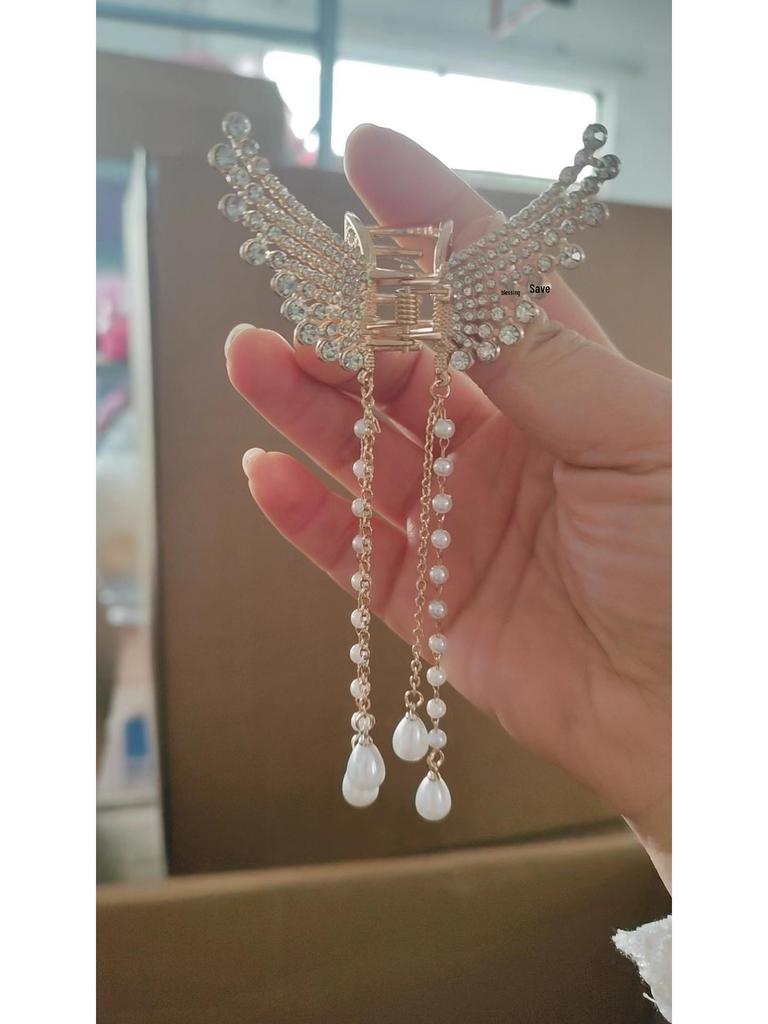 Chinese Butterfly Pearl Tassel Hair Clip with Rhinestones