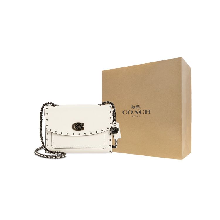 Coach Parker 18 Sweet Cool Style Turn Lock Logo Leather Studded Crossbody Shoulder Bag Small Women shoulder bag White 29389-BPCHK