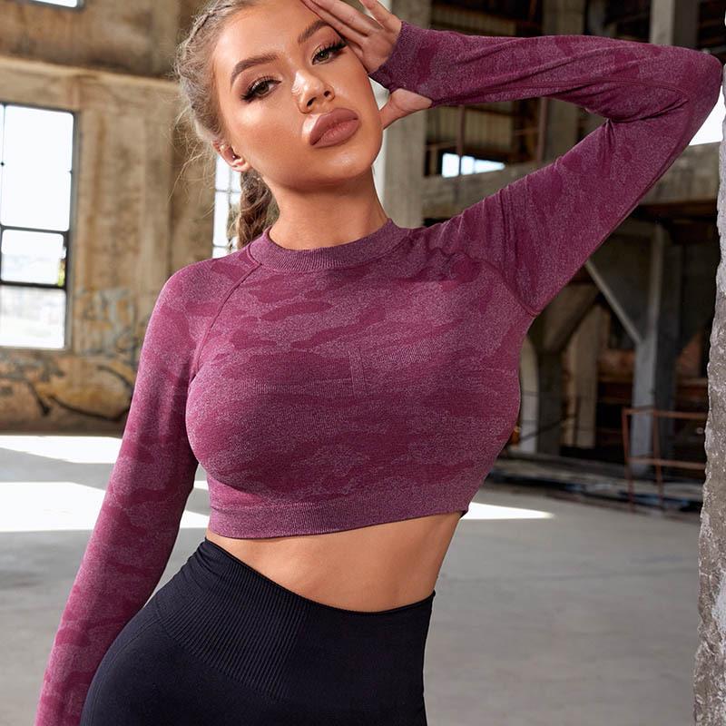 

Женский топ с длинным рукавом, бесшовный, с вырезами на спине, для фитнеса - быстросохнущий костюм для йоги Large вино красного