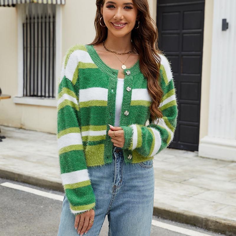 Women's Short Knitted Cardigan Long Sleeved Striped Contrasting Color Casual Round Neck Fashion Knitted Sweater Coat