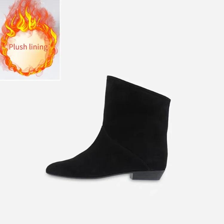 Fashion New Fashion Black Lazy Pleated Cow Suede Ankle Boots Autumn Winter Round Head Low-heel Short Plush Warm Women Boot Size 34-43