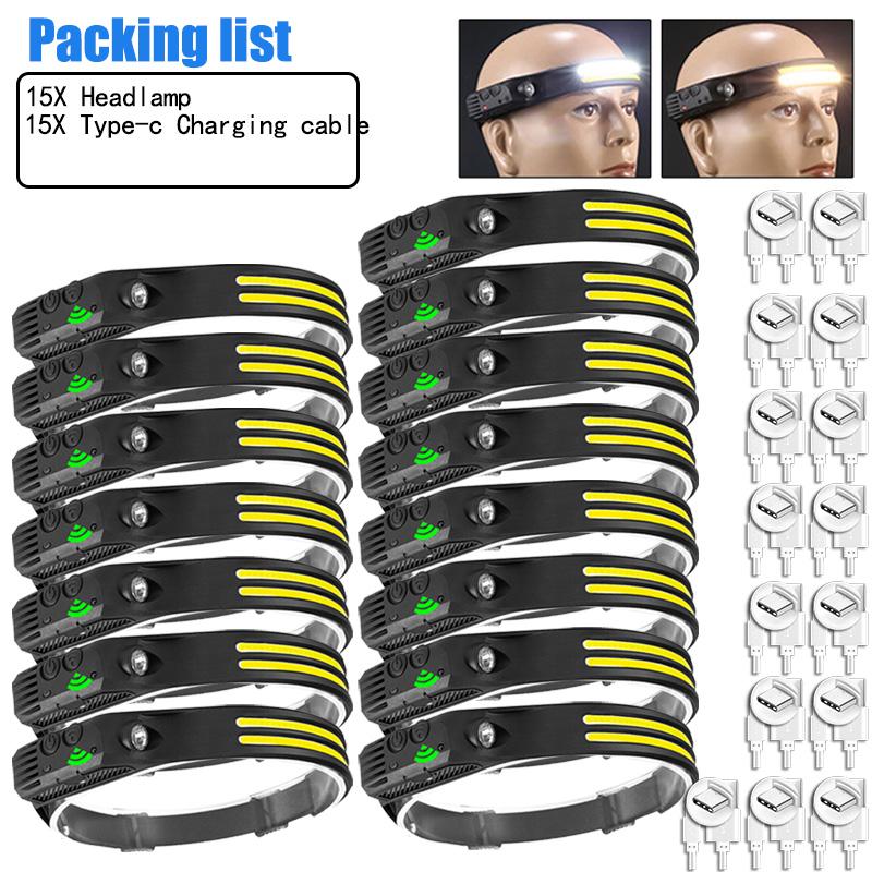 1-15Pcs LED Induction Headlamp USB Rechargeable Head Flashlight Powerful Camping Head Lantern Fishing Headlight 18650 Battery
