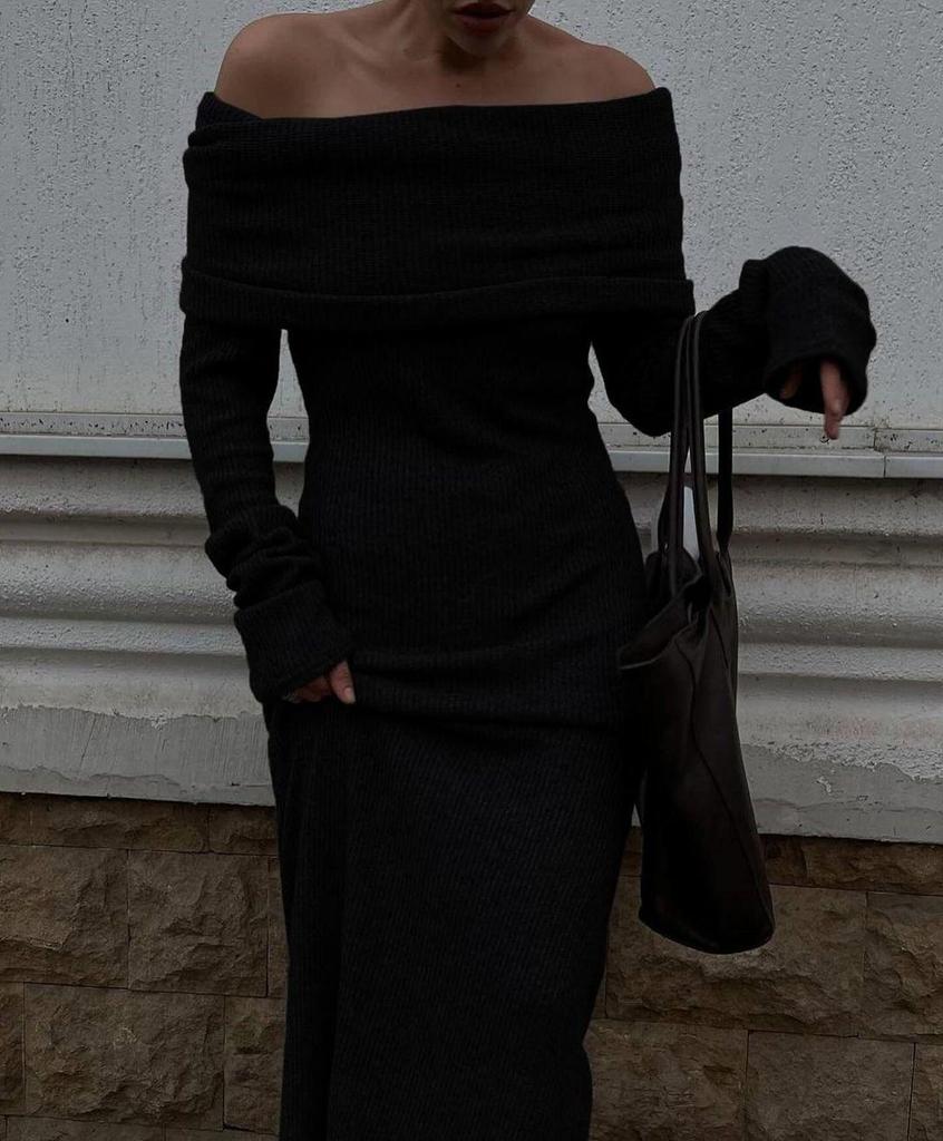 2024 High-End European & American One-Shoulder Sweater Dress - Women's Long, Waist-Hugging, Hip-Wrapping Style