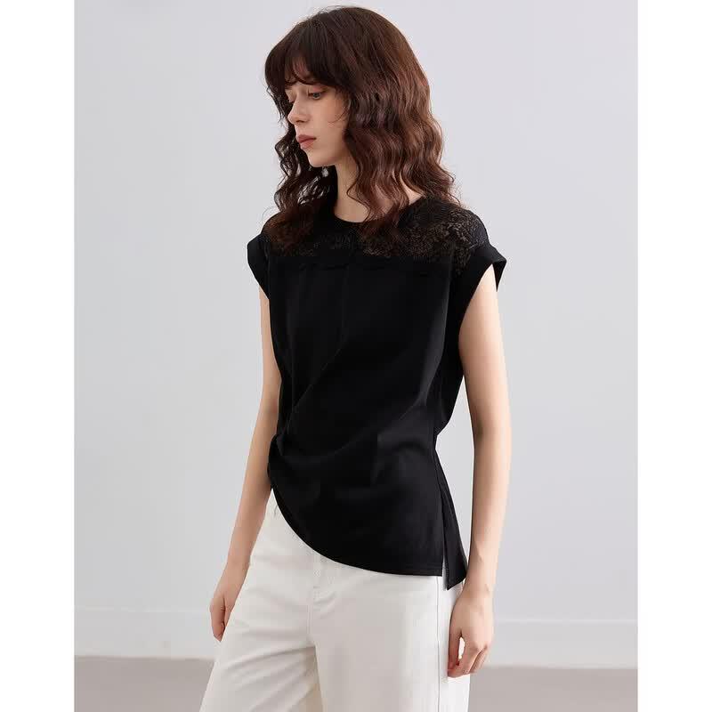 Demana Cooling Sorona Lace-Panel Pleated Hem T-Shirt XL