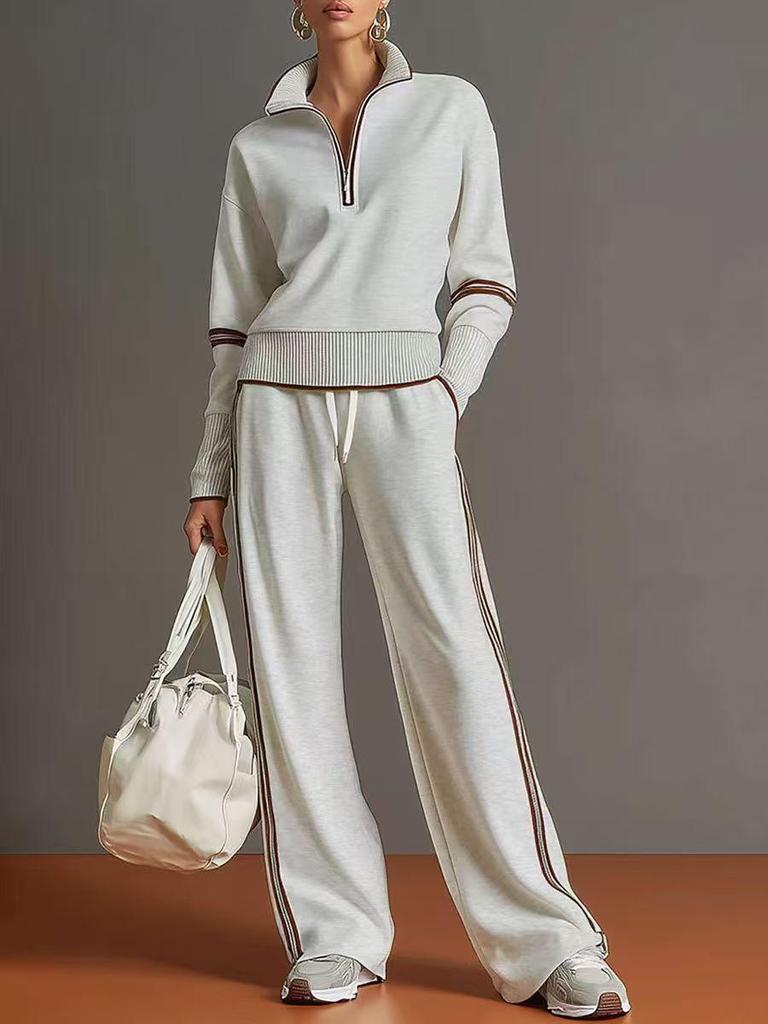 European Retro Casual Two-Piece Set: Zippered Waist-Cinch Sweatshirt & Striped Wide-Leg Pants