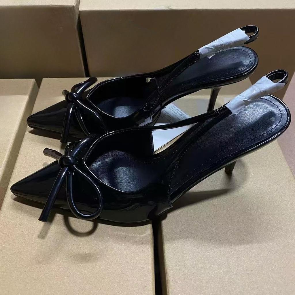 Elegant Butterfly-knot Women High Heels Shoes Pointed Toe Wedding Party Prom Slingbacks Patent Leather Female Dress Pumps