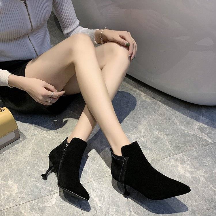 Short Boots with Women's Low-heeled Shoes Side Zipper Suede Surface High Heel Fabric Pointed Toe Shoes Suede Short Booties
