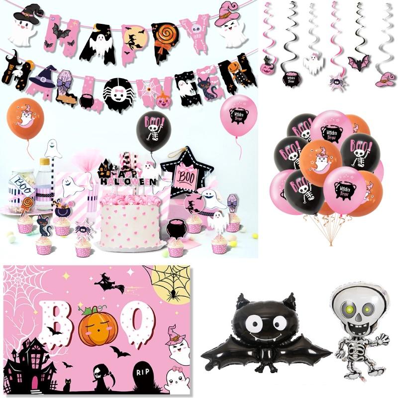 Pink Halloween Party Decorative Skull Balloon Pumpkin Banner Cake Insert Set