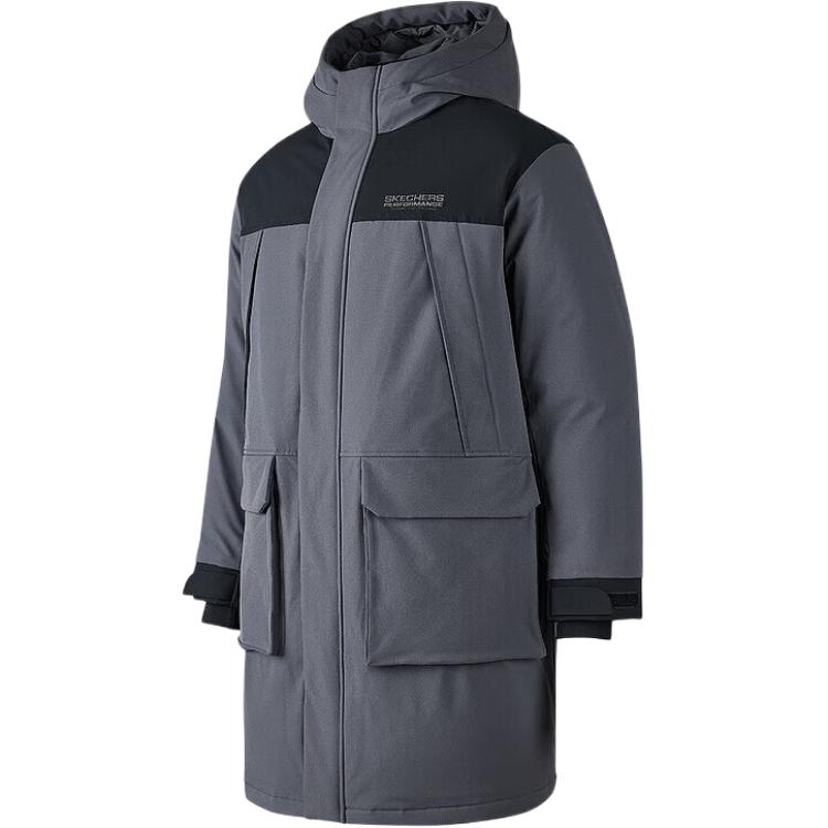 Skechers Fashion Waterproof Windproof Hooded Warm Duck Down Long Down Jacket Men Outerwear Periscope-Gray P424M176-0403 L