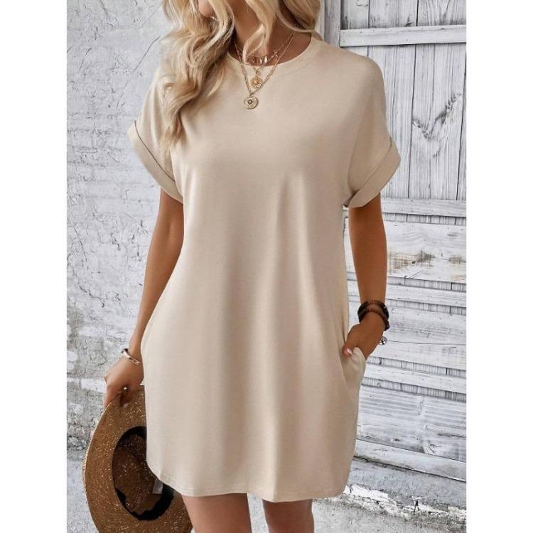 Summer Casual Women Dress Short Sleeve Round Neck Loose Pocket Solid Color Breathable Spring Fashion