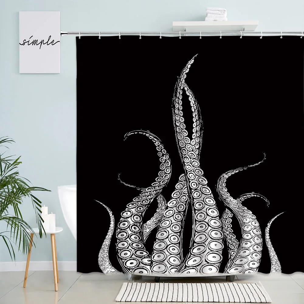 Sea Turtle Seahorse Octopus Shower Curtains Ocean Animals Tentacles Vintage Map Print Fabric Bathroom Curtain Home Decor Hooks