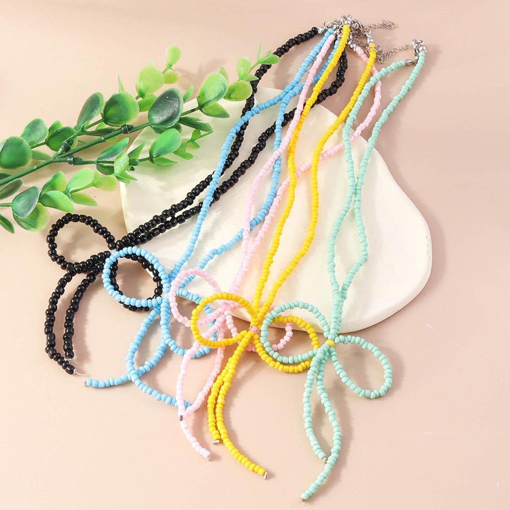 Vintage Design Niche Cold Wind Exaggerated  Beads Bowknot Necklace Clavicle Chain Female Colored Rice Bead Jewelry