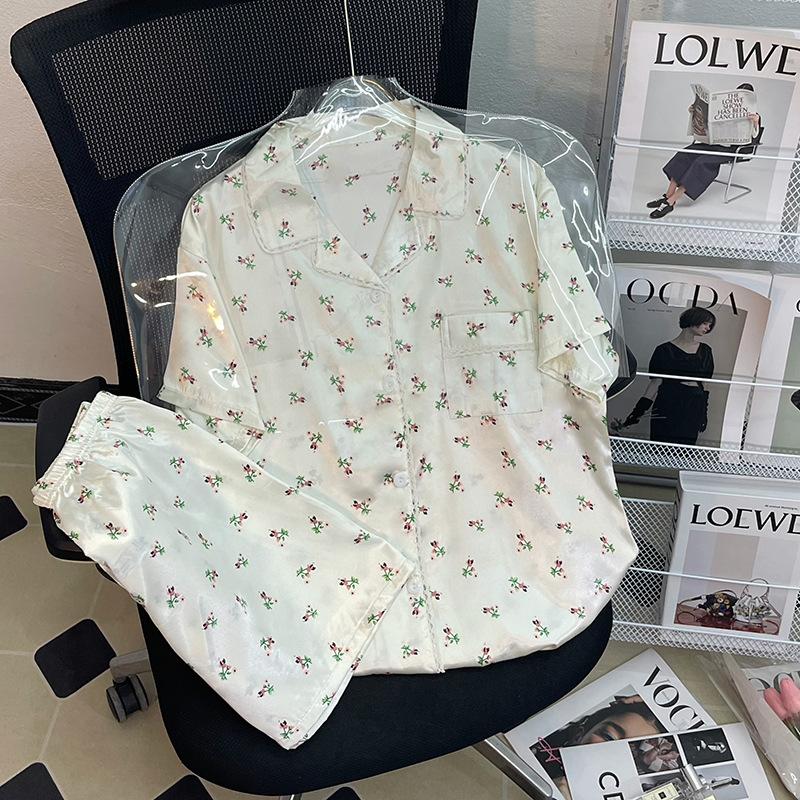 Ice Silk Pajamas Women'S Summer Suit Short-Sleeved Thin Simple Small Fresh Girl Loungewear