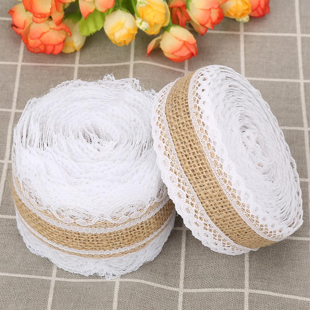 2pcs 5MRoll Burlap Rolls with Lace Hessian Jute Ribbon for Wedding Decoration Craft
