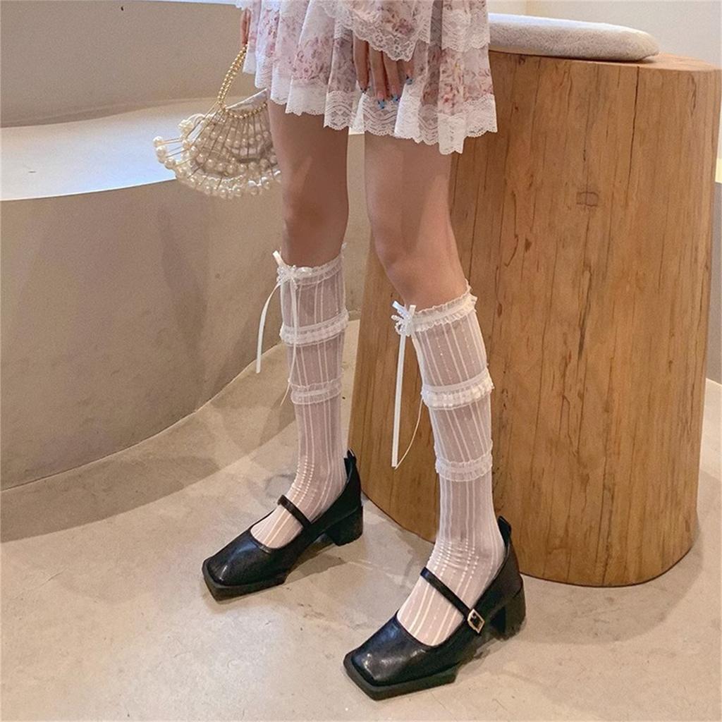 Women's Japanese Style Lace Striped Calf Socks Sweet Cute Ribbon Bows Middle Tube Stockings Sweet Knee High Socks