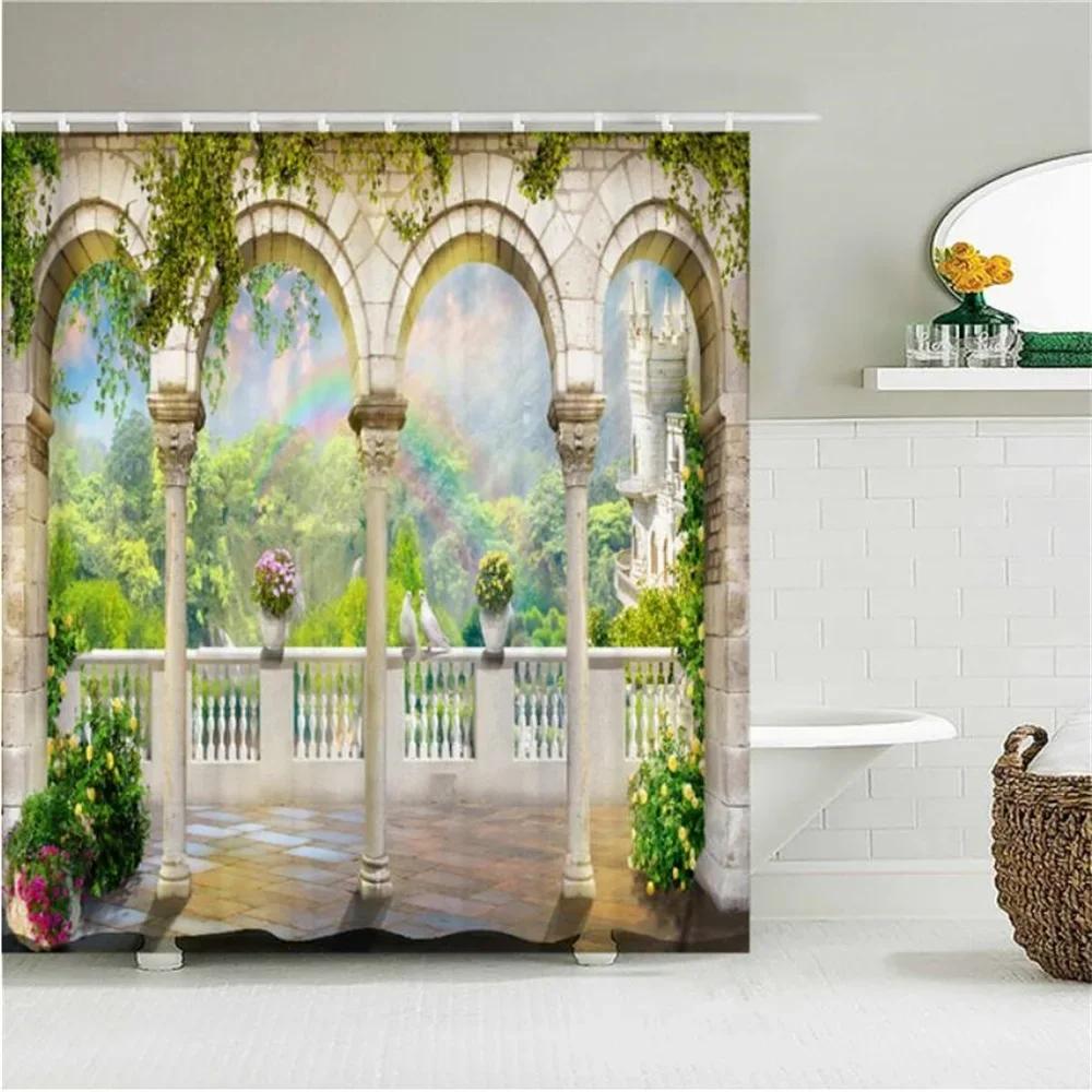 Home Wall Decor European Building Garden Patio Landscape Shower Curtains Bathroom Curtain Waterproof Bath Curtains for Bathroom