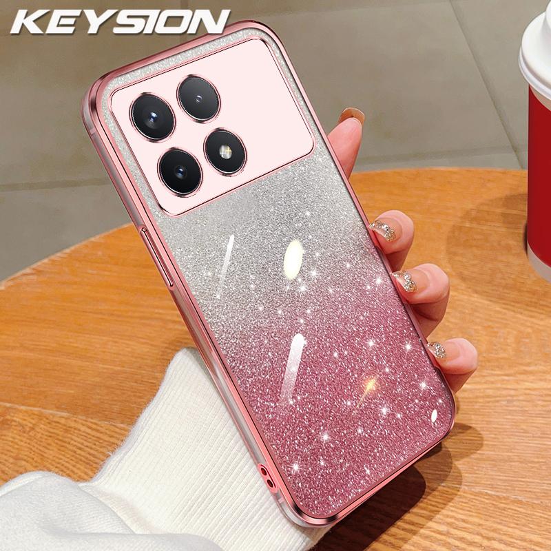 

KEYSION Luxury Plating Glitter Phone Case for Xiaomi POCO F6 Pro Transparent Soft TPU Shockproof Back Cover for POCO F6 Pro for POCO F6 Pro розовый