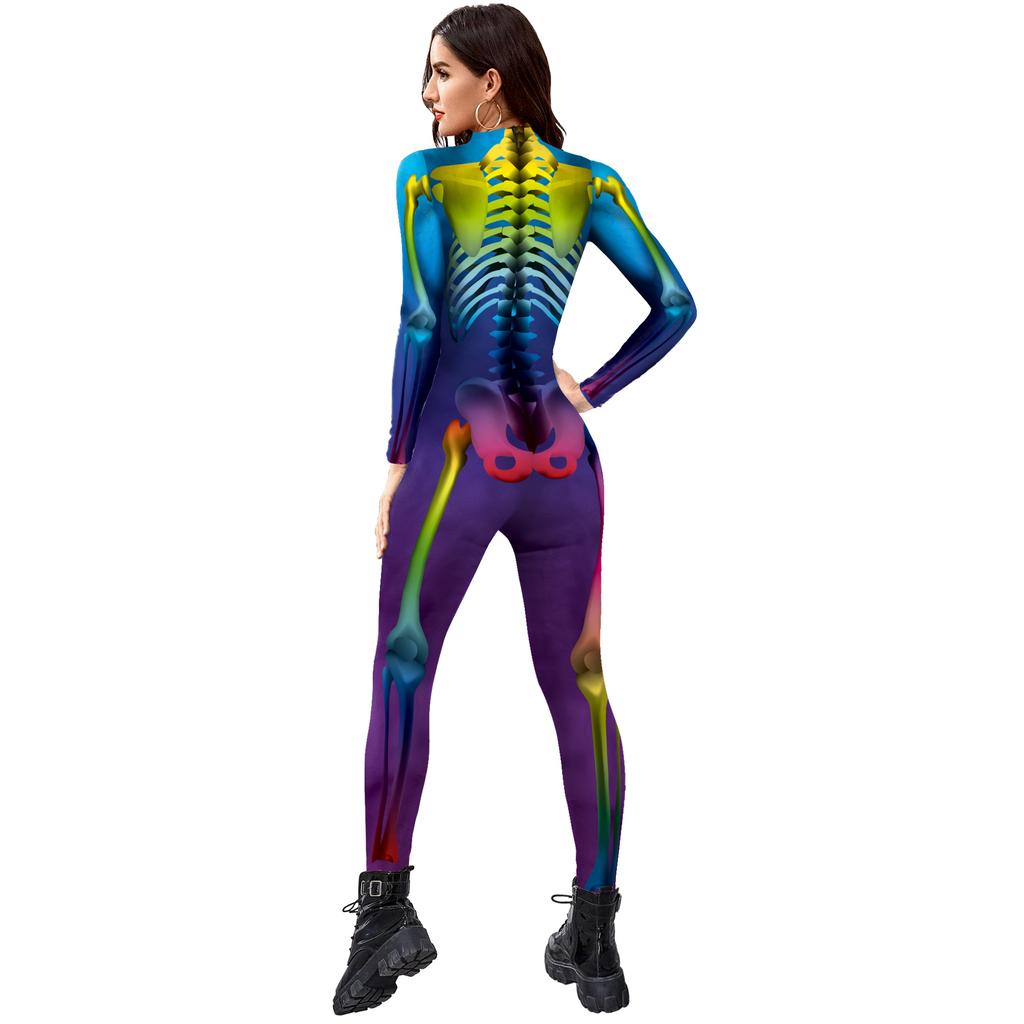 Strašidelný kostlivý tištěný kostlivý oblek Halloween Party Cosplay kostým pro dospělé Kombinéza Zentai Catsuit Karnevalové oblečení