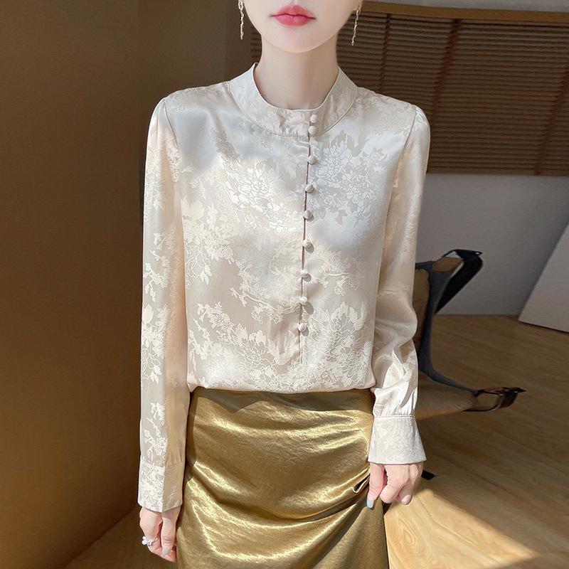 

Женская элегантная рубашка из шелкового ацетатного атласа с парчовой отделкой и застежками-дисками - Новый китайский стиль XXXL (125-135 jin)