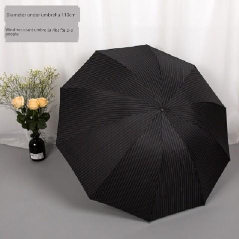 Ten-Rib Folding Umbrella for Two, Large Vintage Striped Umbrella, Dual-Use for Sun and Rain, Black Coating for Sun Protection