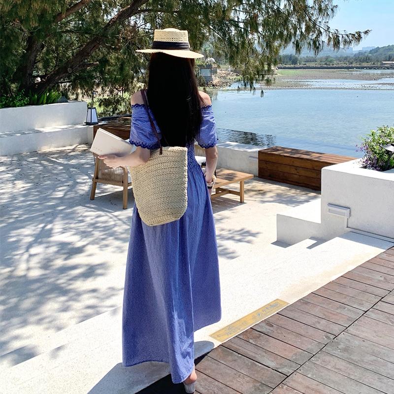 Korean Fashion High-Waisted A-Line Maxi Dress Summer V-Neck Sleeveless Lace-Panel Checkered Elegant Long Dress for Women