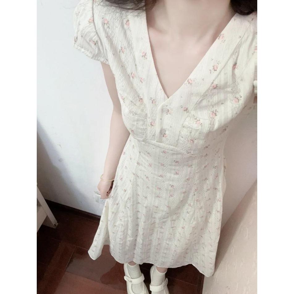 Elegant Floral V-Neck Short Sleeve Dress - Slimming Fit
