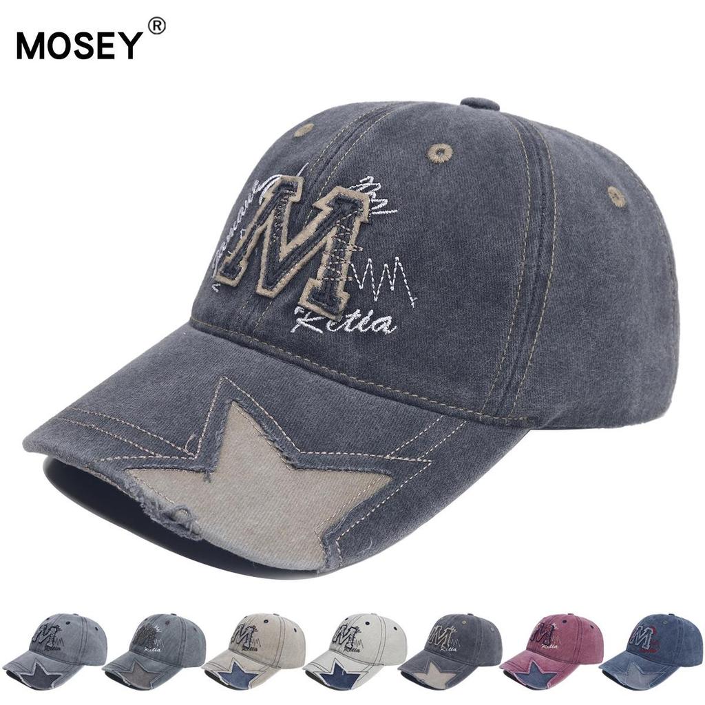 Women’s Retro Distressed Star Baseball Cap - Washed Denim Duckbill Hat with M Logo, Sun Protection, Face Slimming