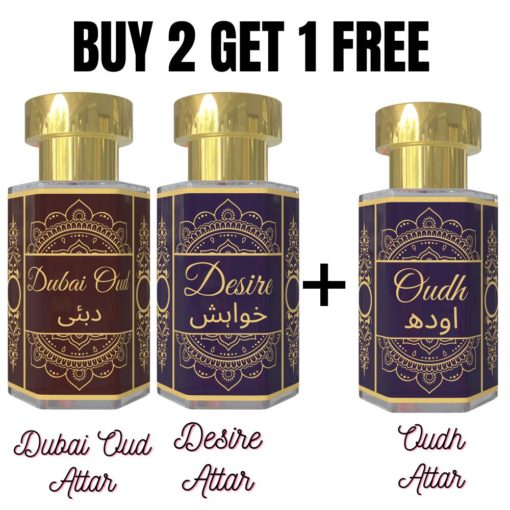 Dubai Oud Attar and Desire Attar with Free Oudh Attar – Rich Woody & Warm Fragrance Combo | Alcohol-Free Unisex Perfumes 3 × 6 ml