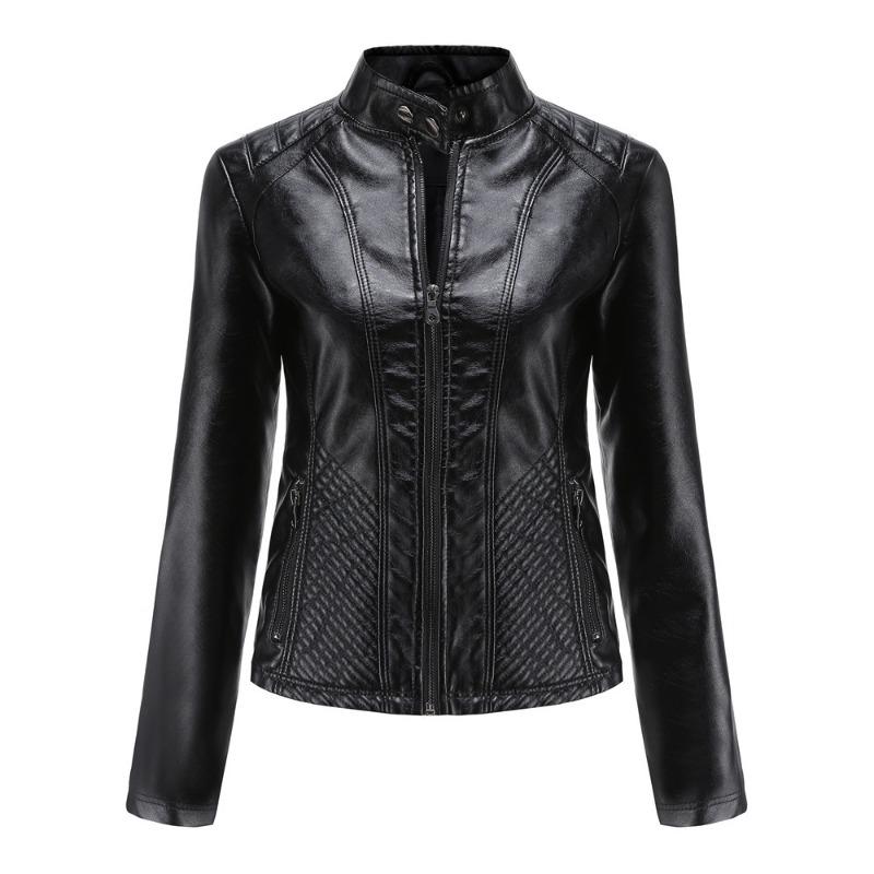 Autumn and winter new casual leather jacket women s simple trend thin jacket long sleeve motorcycle jacket women s clothing S