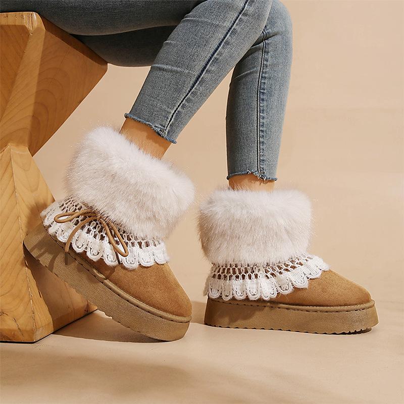 Retro thick-soled warm lace snow boots women's bow short tube plush cotton boots snow cotton