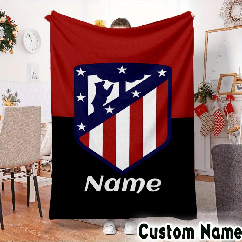 Custom Name Atletico Madrid Crest Throws Blanket Flannel Blankets for Couch Bed Gifts for Men Women Picnic blanket Christmas fan gifts