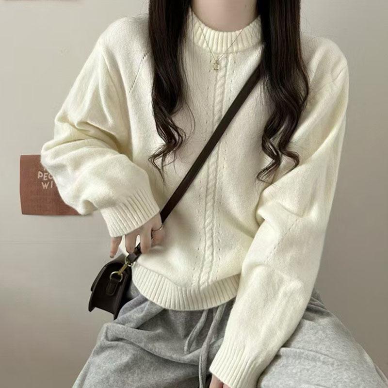 Women's Twisted Wool Knit Outerwear - Round Neck, Loose Fit, Lazy Style, Autumn/Winter.