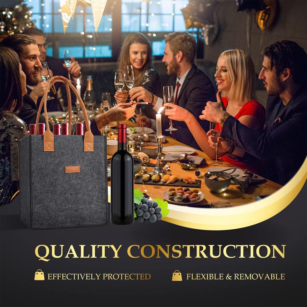 6 Bottle Wine Carrier with Divider Felt Wine Storage Tote Bag Portable Wine Gift Bag Red Wine Storage Box with Handle